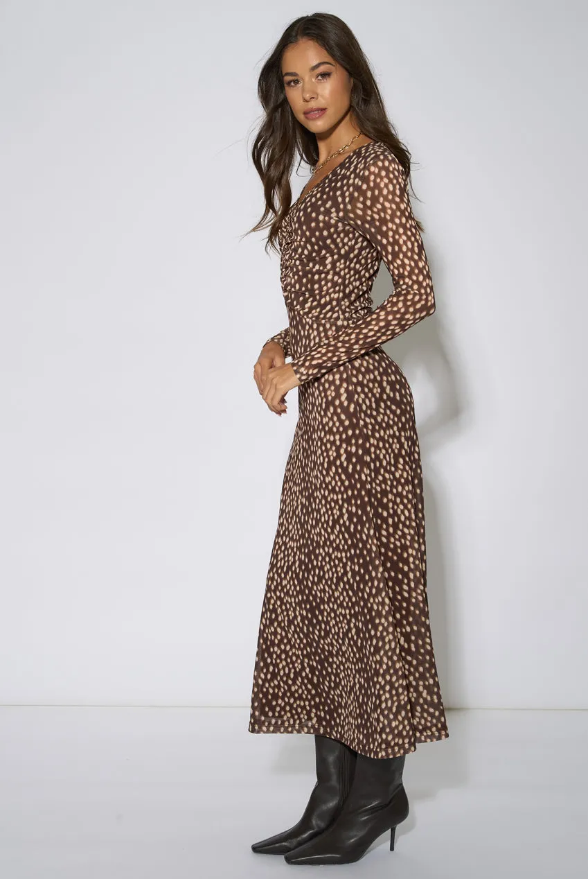Gini London Animal Mesh Ruched Abito Midaxi Marrone Manica Lunga