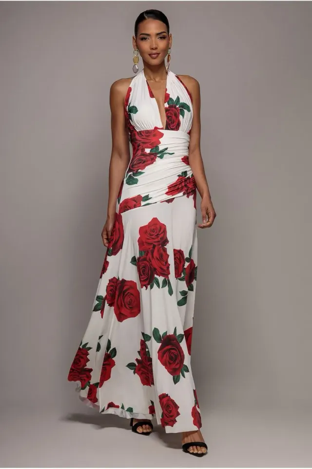 Goddiva Floral Halter maxi abito rosa scollo halter