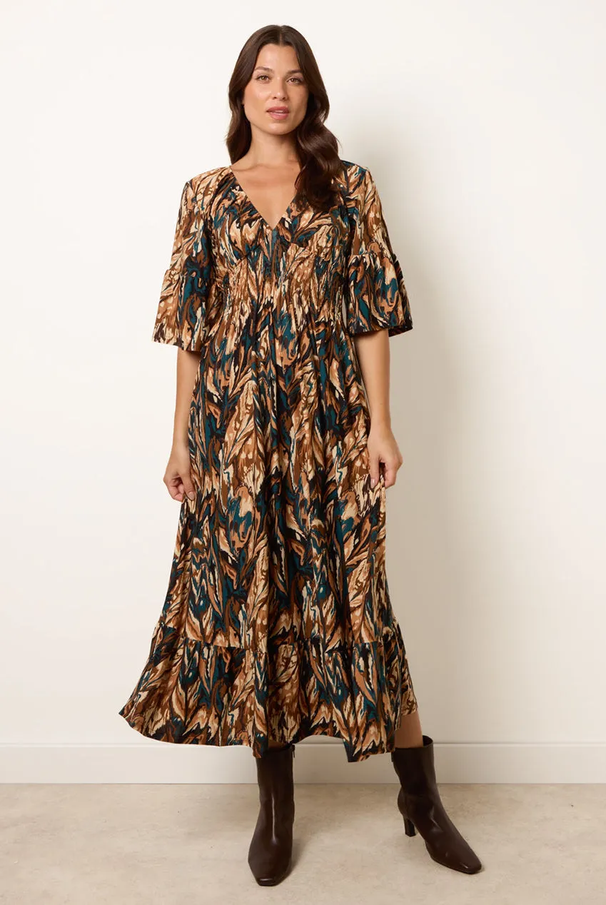 Blue Vanilla Shirred Waist abito midi cioccolato stampa