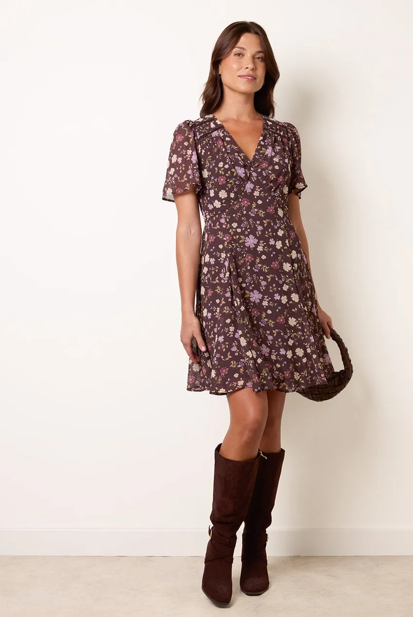 Blue Vanilla V Neck Floral Mini abito cioccolato floreale