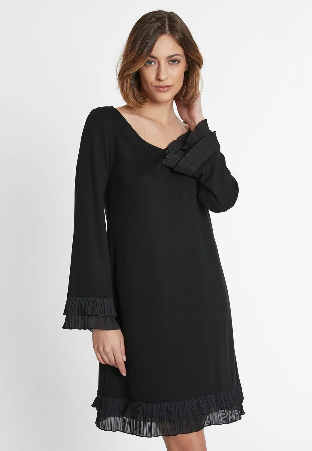 Ana Alcazar Sipora abito jersey nero volant scollo V