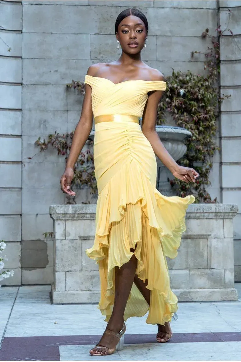 Goddiva Pleated Bardot abito midaxi chiffon limone scollo omeri