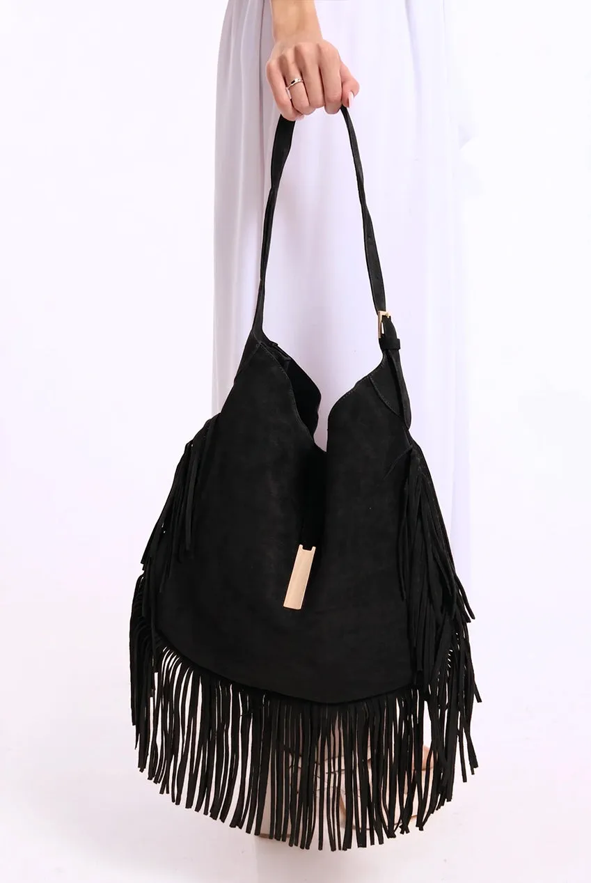 Liquorish Fringe Hobo borsa nera scamosciata con frange