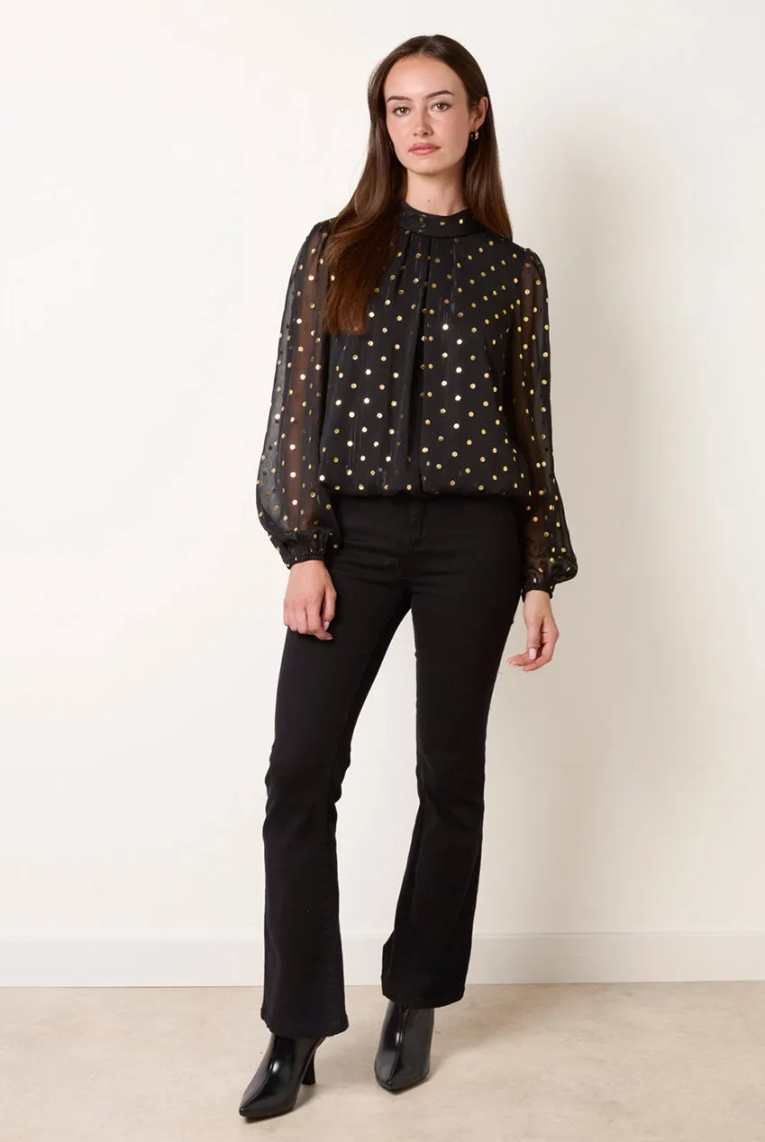 Blue Vanilla Puff Ball camicetta pois nera manica lunga