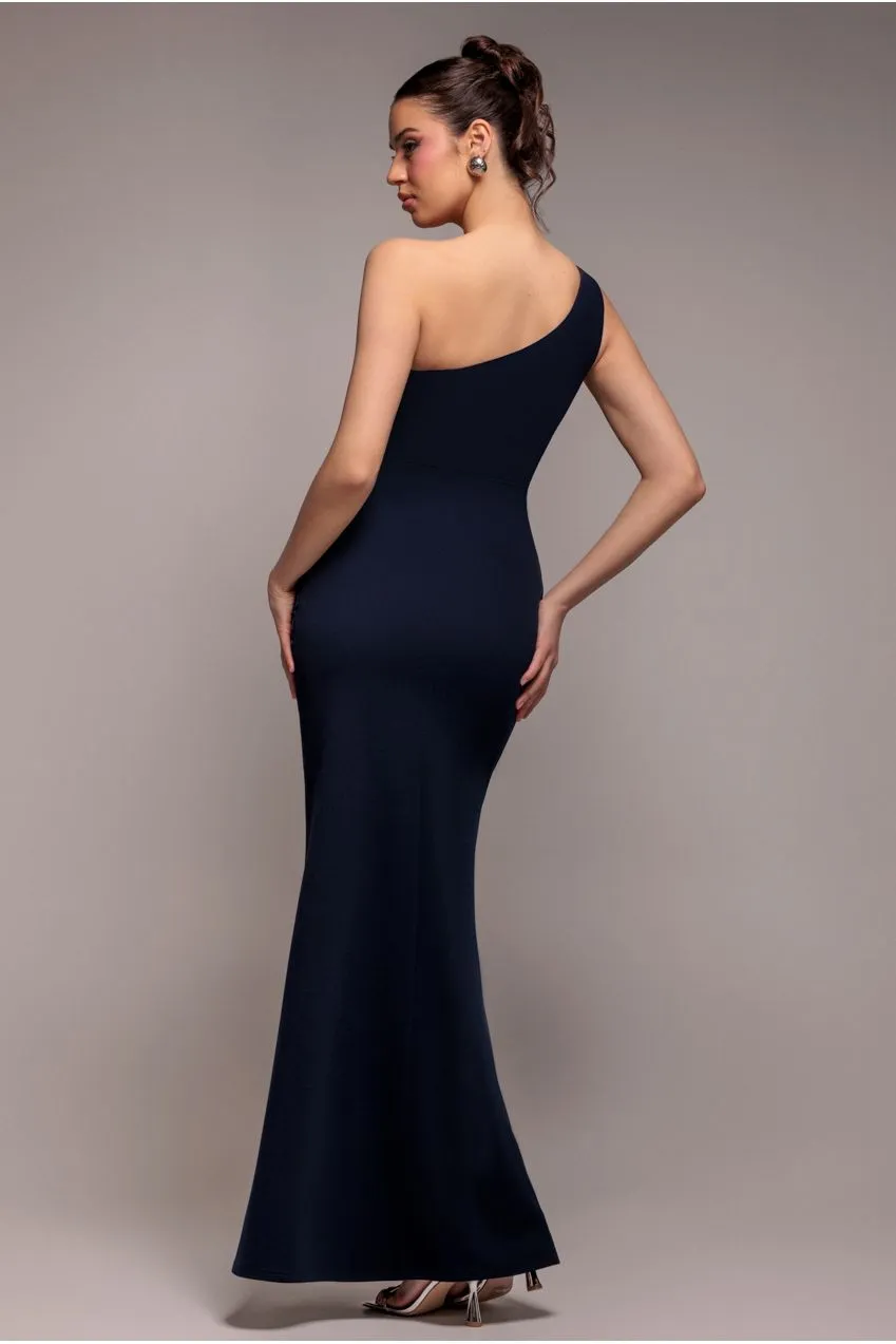 Goddiva One Shoulder Pleated Fan abito maxi blu navy