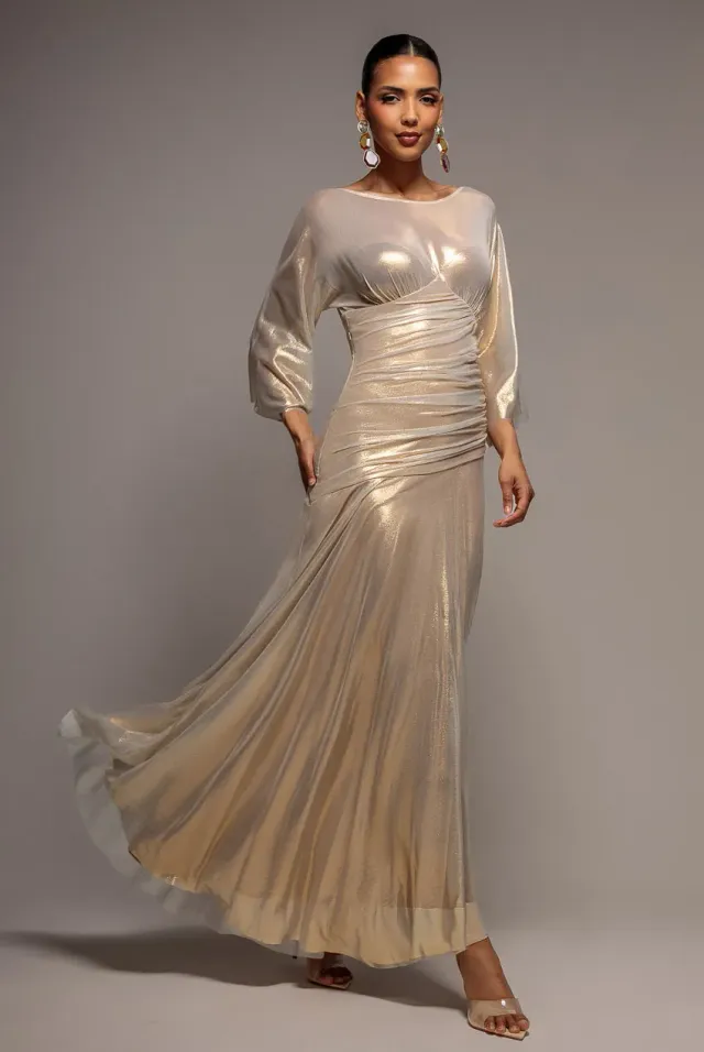 Goddiva Gravity Defying Naked Maxi abito oro corsetto