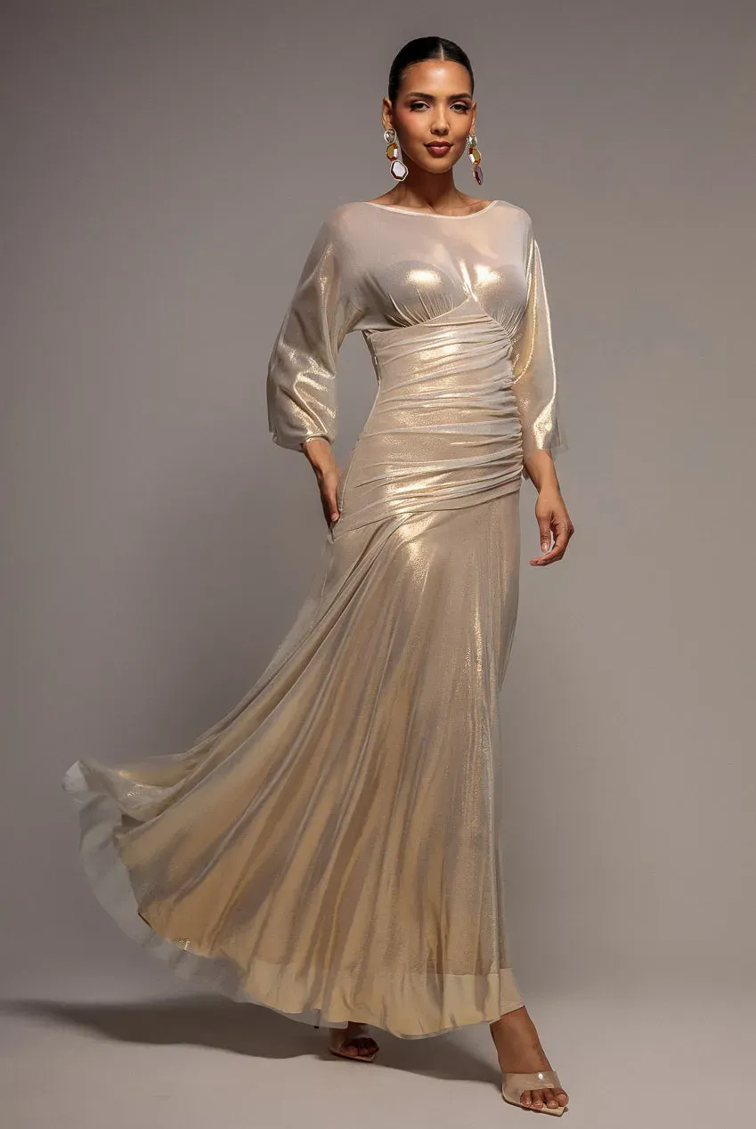 Goddiva Gravity Defying Naked Maxi abito oro corsetto