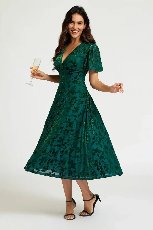FS Collection abito midi velluto floreale verde scollo V