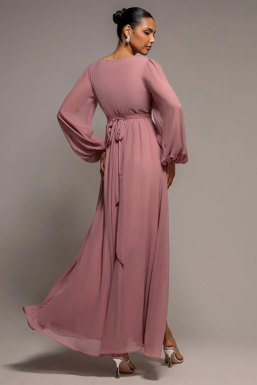 Goddiva Wrap Back abito maxi chiffon lilla manica lunga