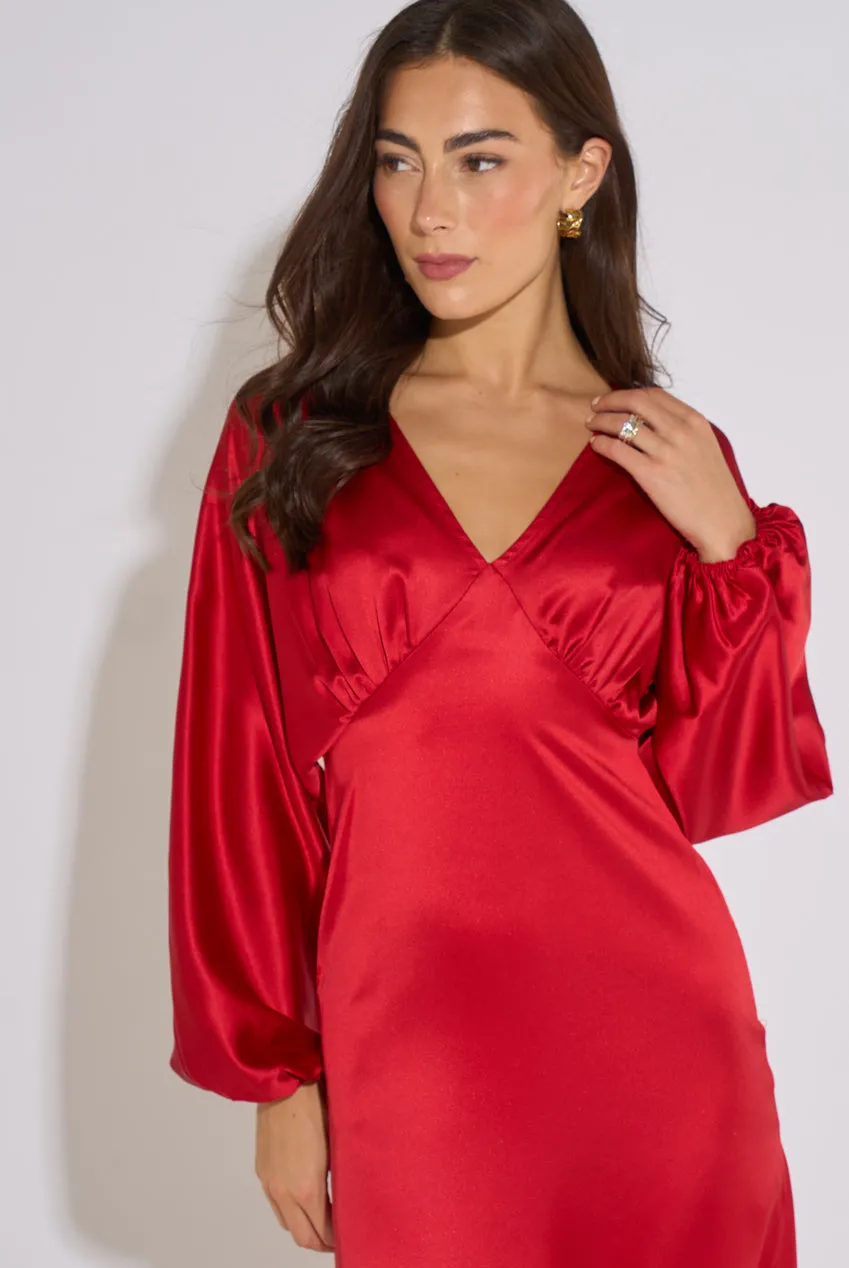 Gini London Red V Neck Batwing abito midaxi raso rosso