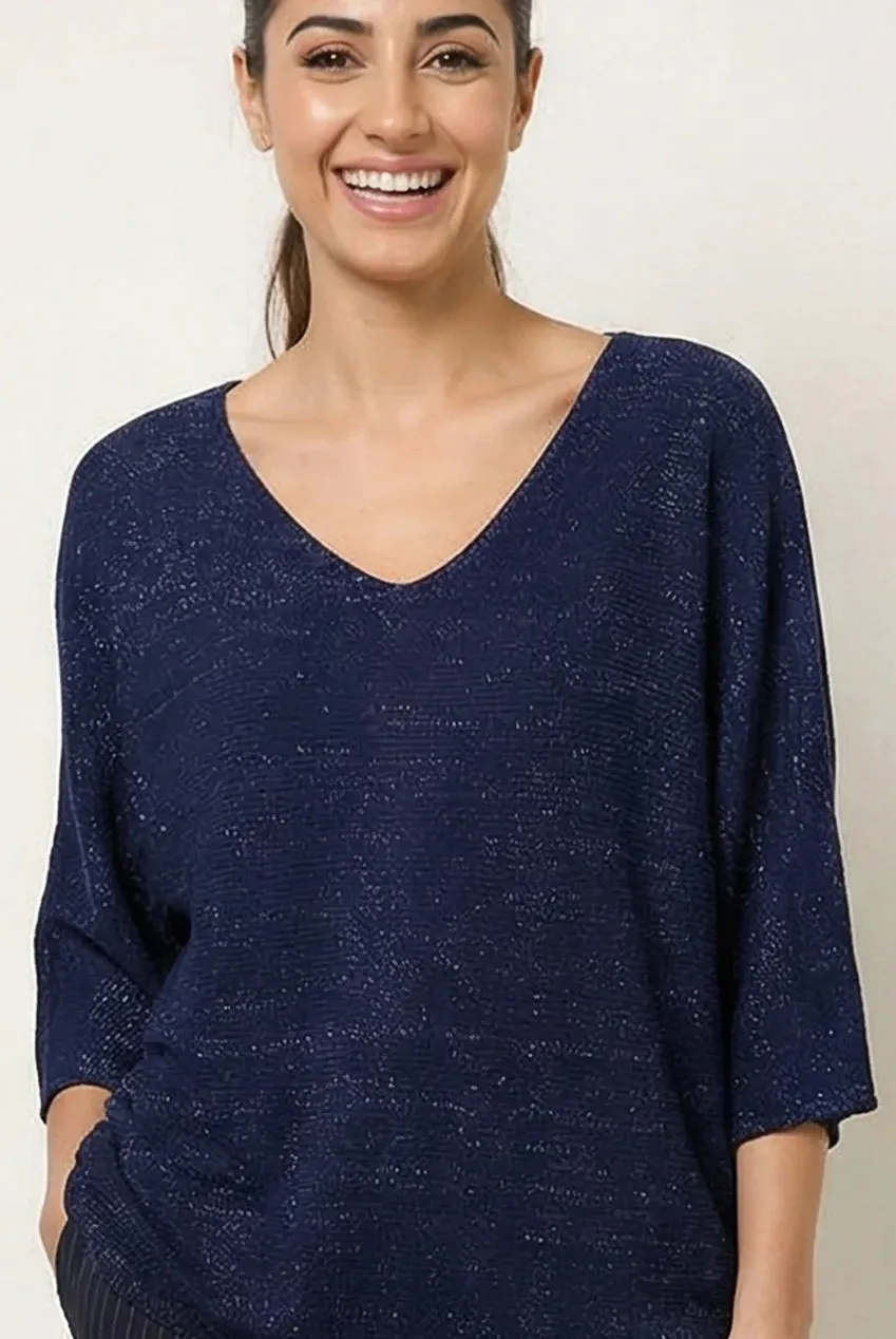 Blue Vanilla Ripple maglia navy scollo V metallizzata