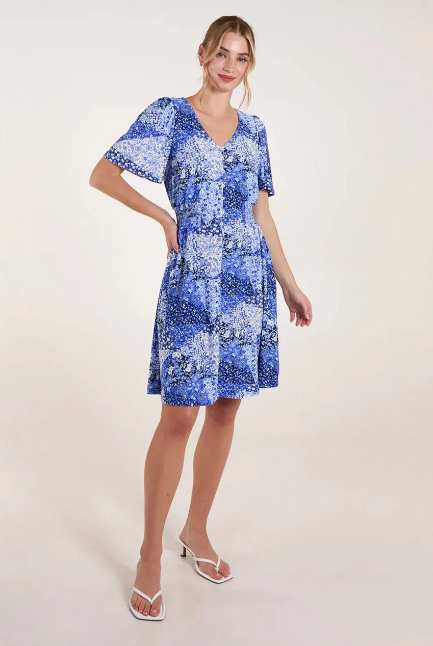 Blue Vanilla Patchwork Mini abito blu fantasia maniche corte