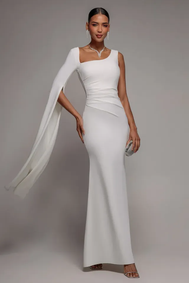 Goddiva One Shoulder Cape abito maxi bianco scuba cerimonia