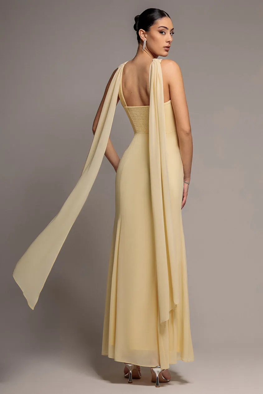 Goddiva Abito Maxi Chiffon Mermaid Giallo Burro Incrocio