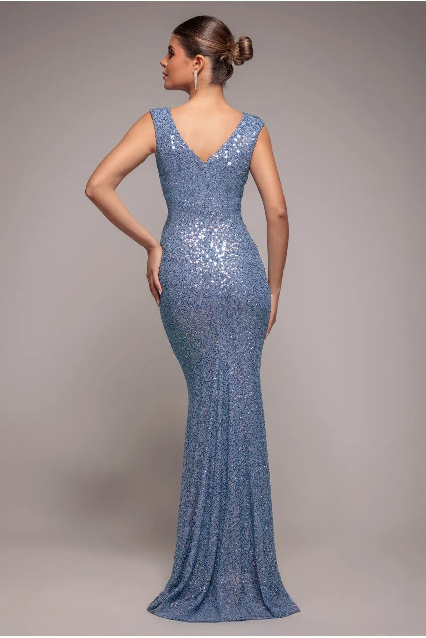 Goddiva Twisted Front Sequin abito maxi blu paillettes