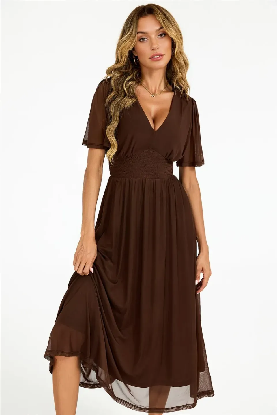 FS Collection Flutter Sleeve abito midi marrone scollo V