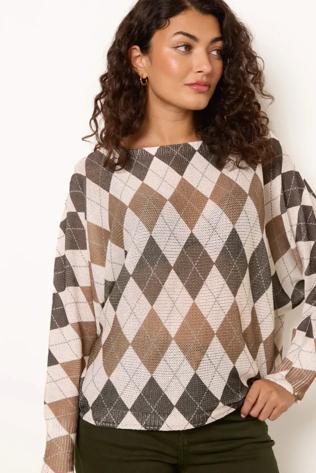 Blue Vanilla Argyle maglione marrone scollo barca taglia unica