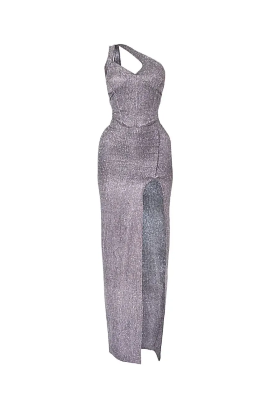 Avinci One Shoulder abito maxi argento con spacco