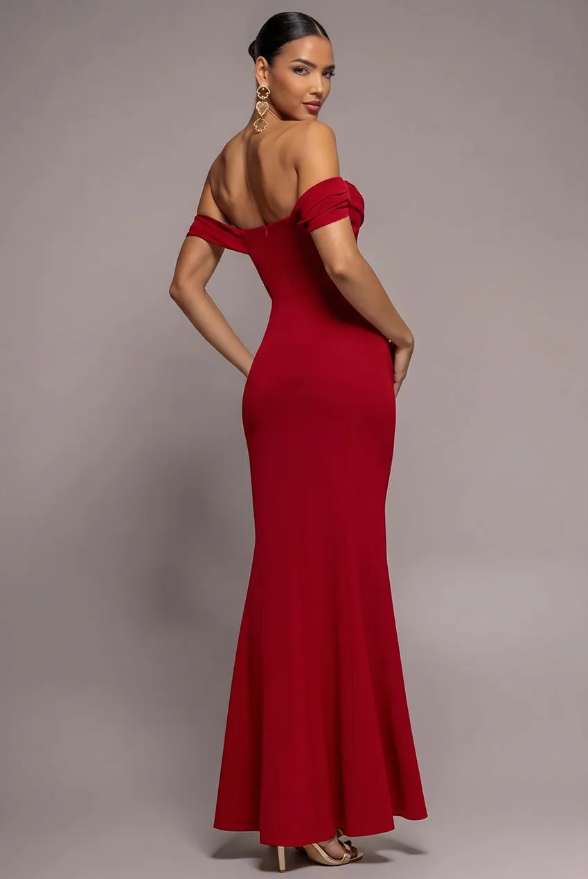 Goddiva abito maxi rosso scollo cowl spalle scoperte