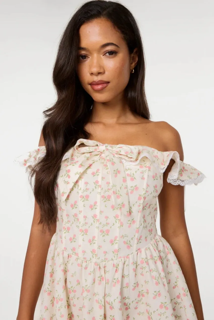 Pink Vanilla Ditsy abito mini crema spalle scoperte