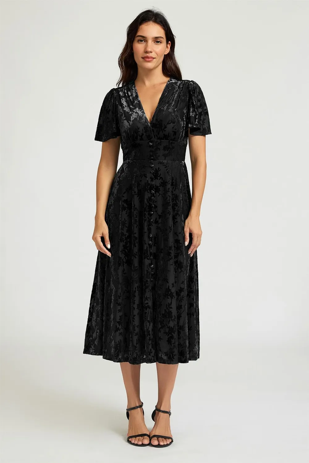 FS Collection Floral Velvet Devore V Neckline abito nero midi