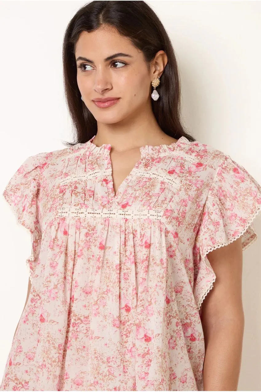 Blue Vanilla Ditsy top cotone rosa manica con volant