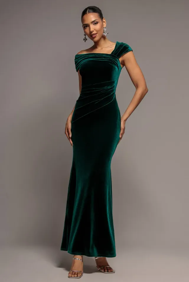 Goddiva One Shoulder abito velluto verde smeraldo lungo
