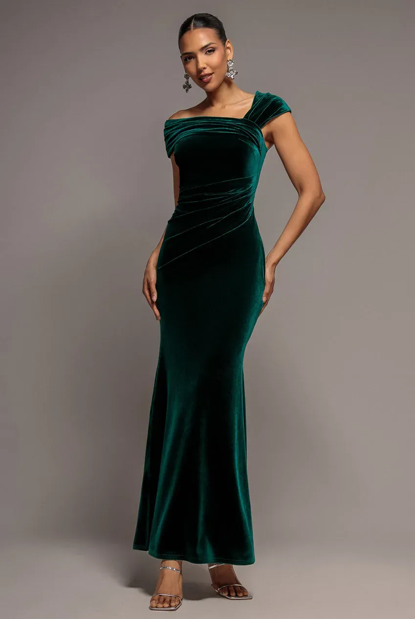Goddiva One Shoulder abito velluto verde smeraldo lungo