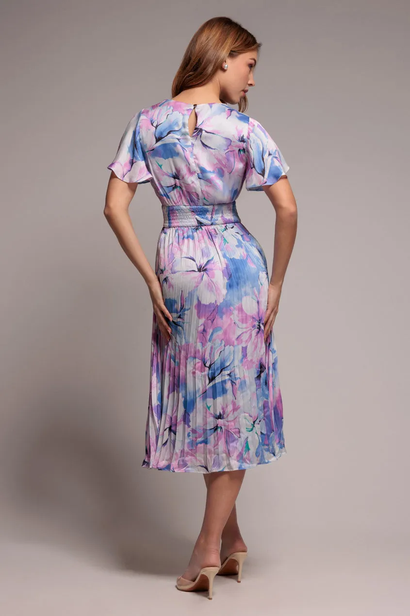 Goddiva Flutter Sleeve abito midi blu floreale plissettato