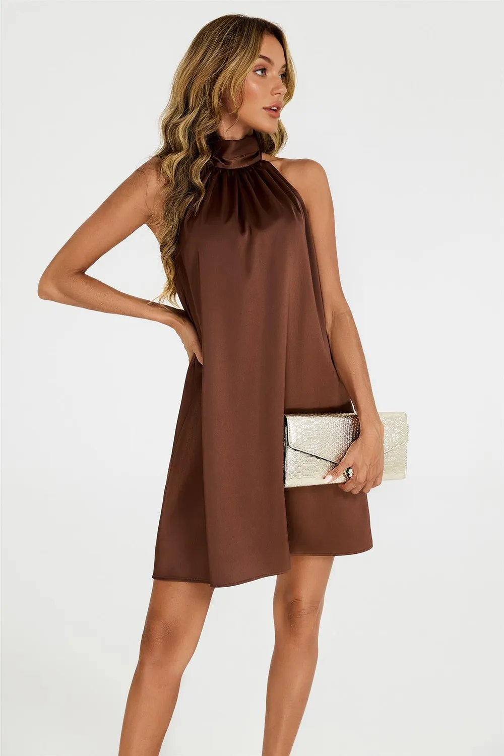 FS Collection Halter Abito mini raso marrone scollo dietro