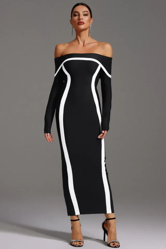 Bella Barnett Hilda abito maxi nero spalle scoperte maniche lunghe