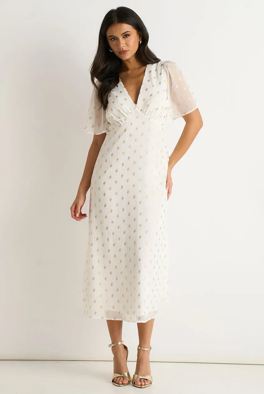 Gini London Foil Scollo V Abito Midi Bianco