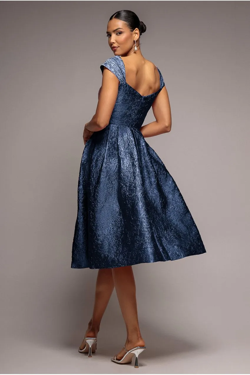 Goddiva Crushed Satin abito midi blu navy linea A tasche