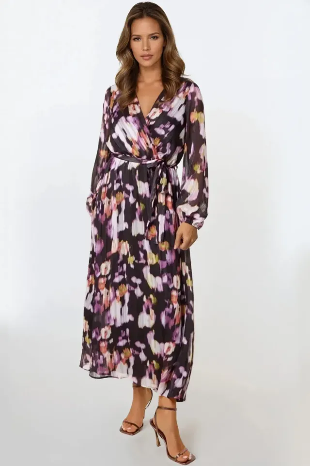 Aftershock London Abstract Print Wrap Midi abito nero fantasia