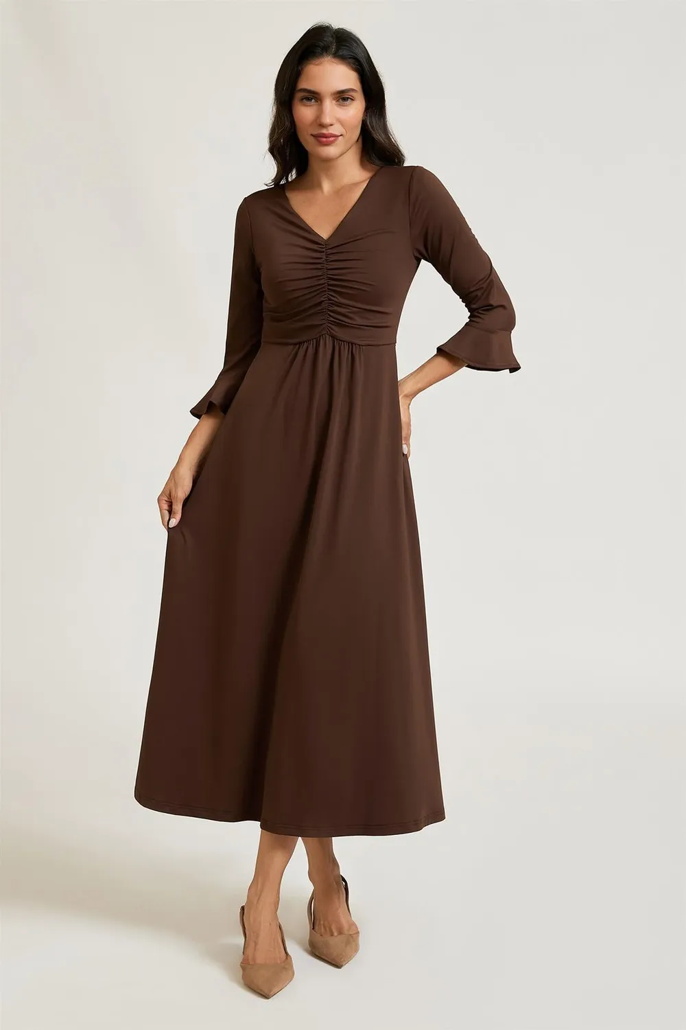 FS Collection Ruched Abito Midi Marrone Jersey Elasticizzato