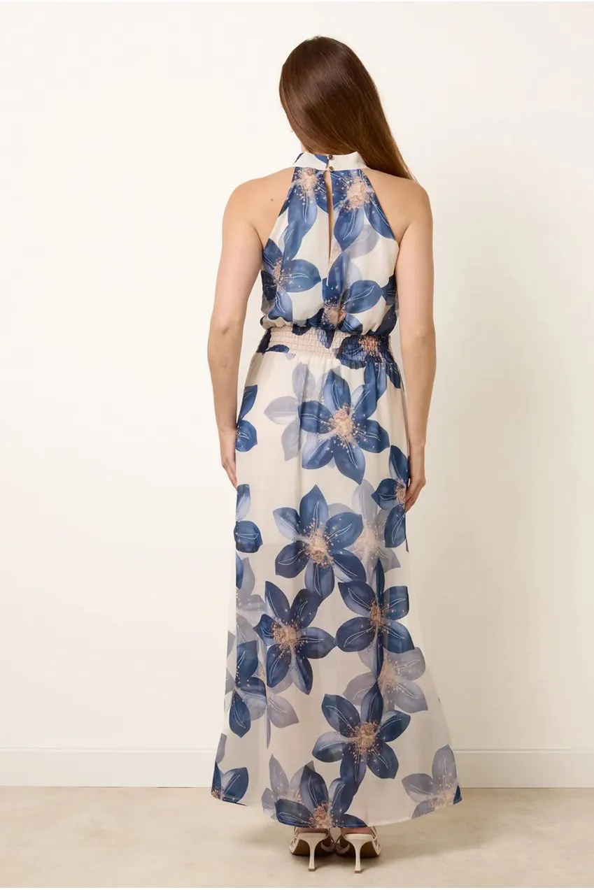 Blue Vanilla Floral Abito Maxi Navy Halter Floreale