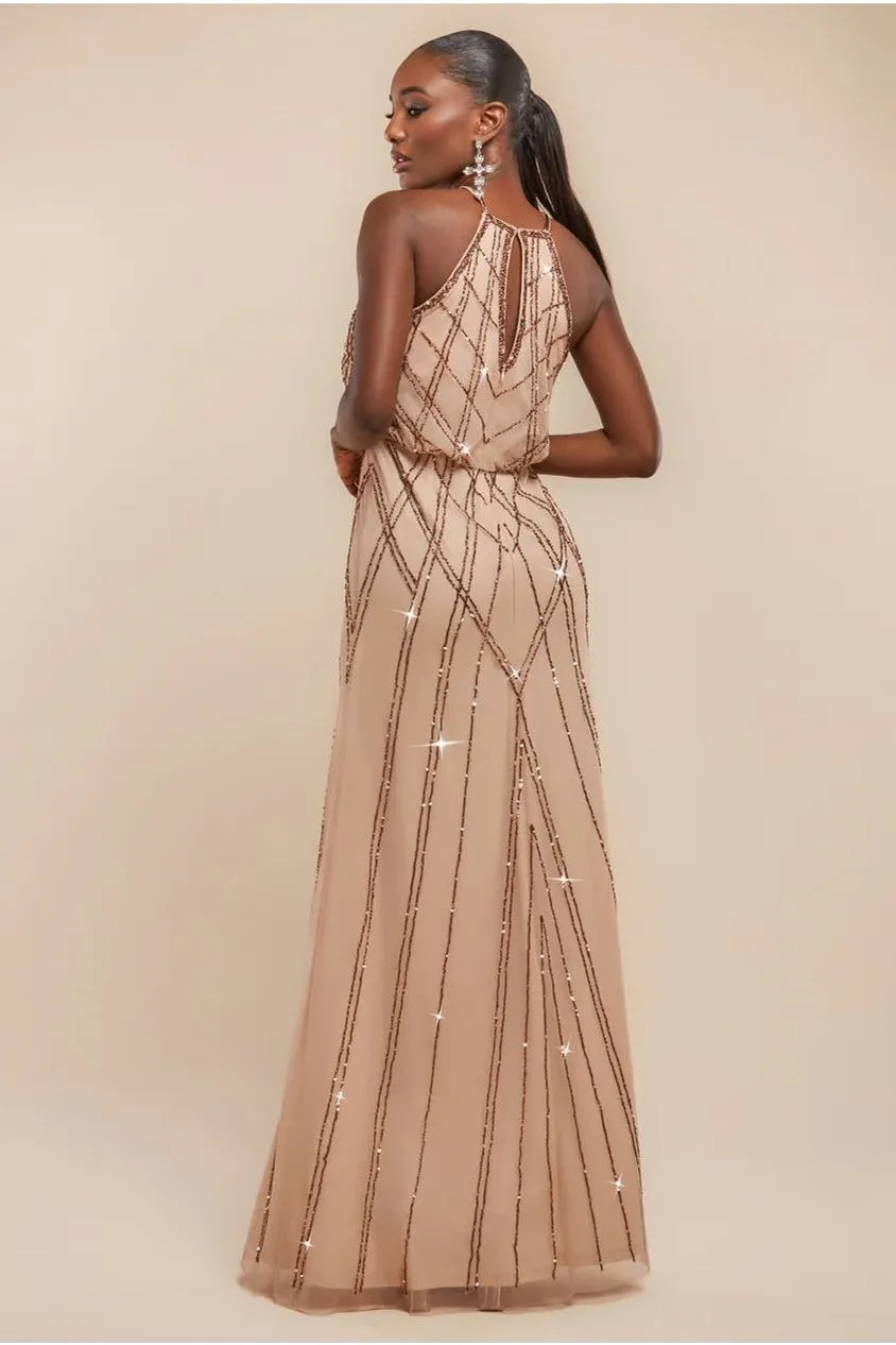 Goddiva Racer abito maxi champagne paillettes