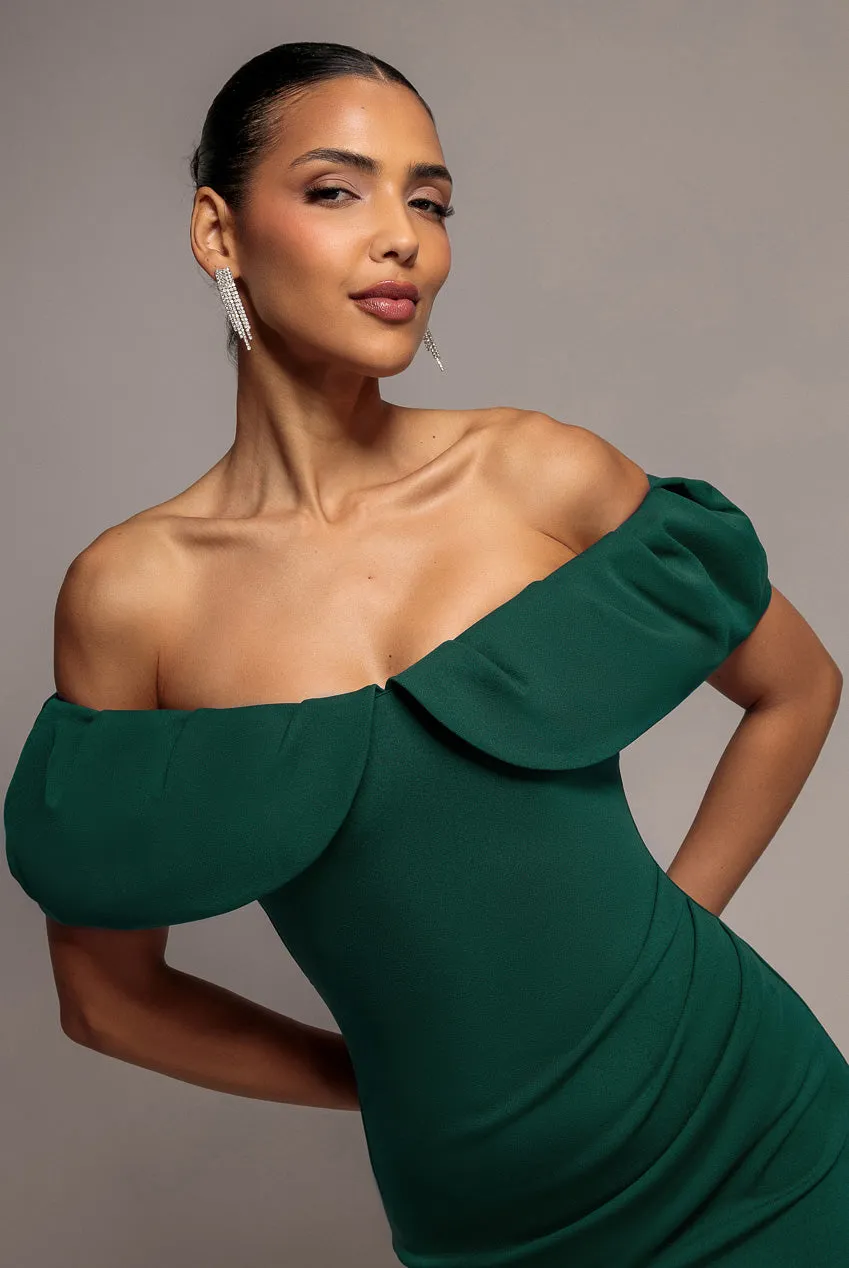 Goddiva Scuba Crepe Pleated Bardot abito verde smeraldo