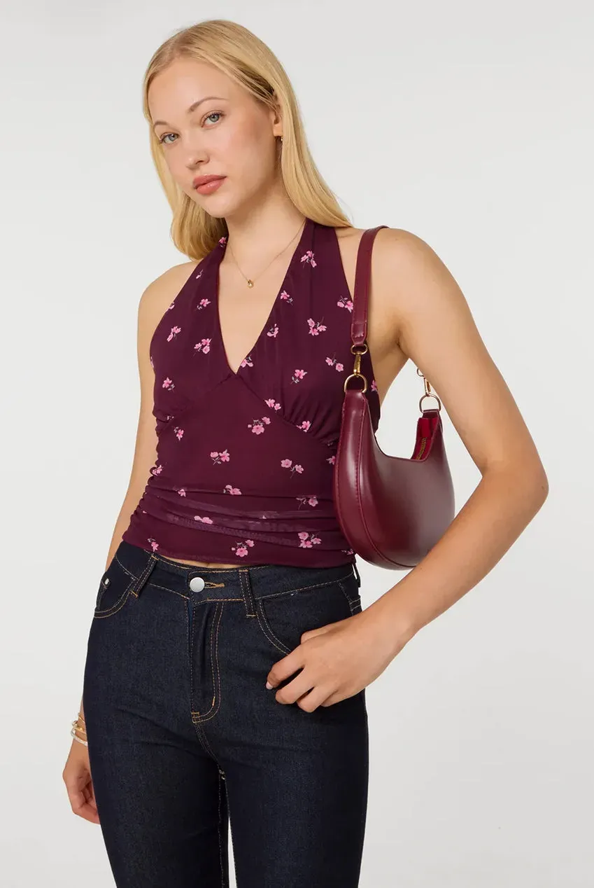 Goddiva Pink Vanilla Floral Polka top halter prugna mesh