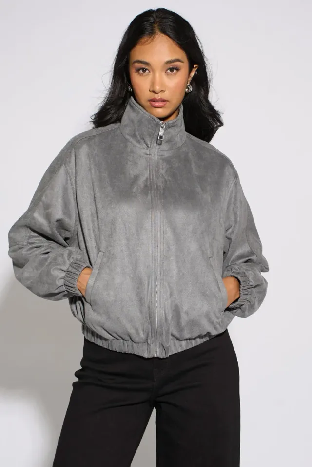 Gini London Funnel Neck Bomber giacca grigia scamosciata