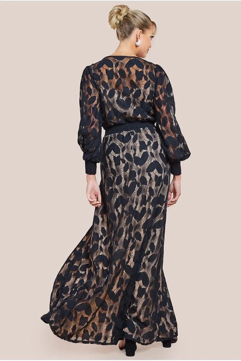 Goddiva Lace Front Split abito maxi nero pizzo maniche lunghe