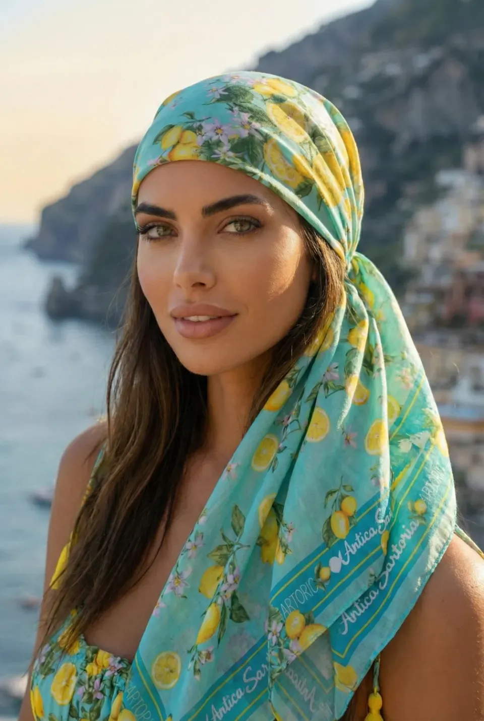 Antica Sartoria FC275 foulard turchese agrumi chiffon