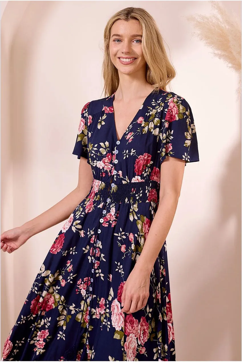 Angeleye Ruched Waist abito maxi navy fiori leggero