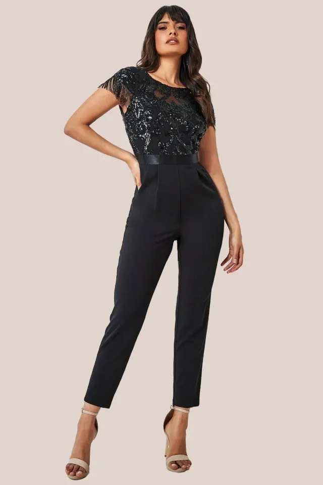 Goddiva Tassel Sequin tuta nera paillettes sera scollo tondo