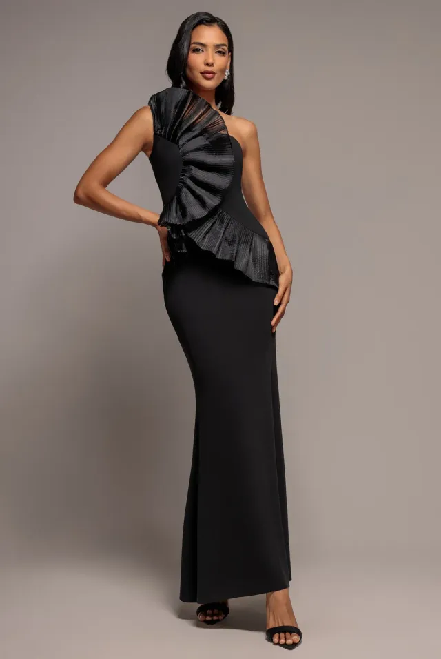 Goddiva One Shoulder Pleated Fan abito maxi nero