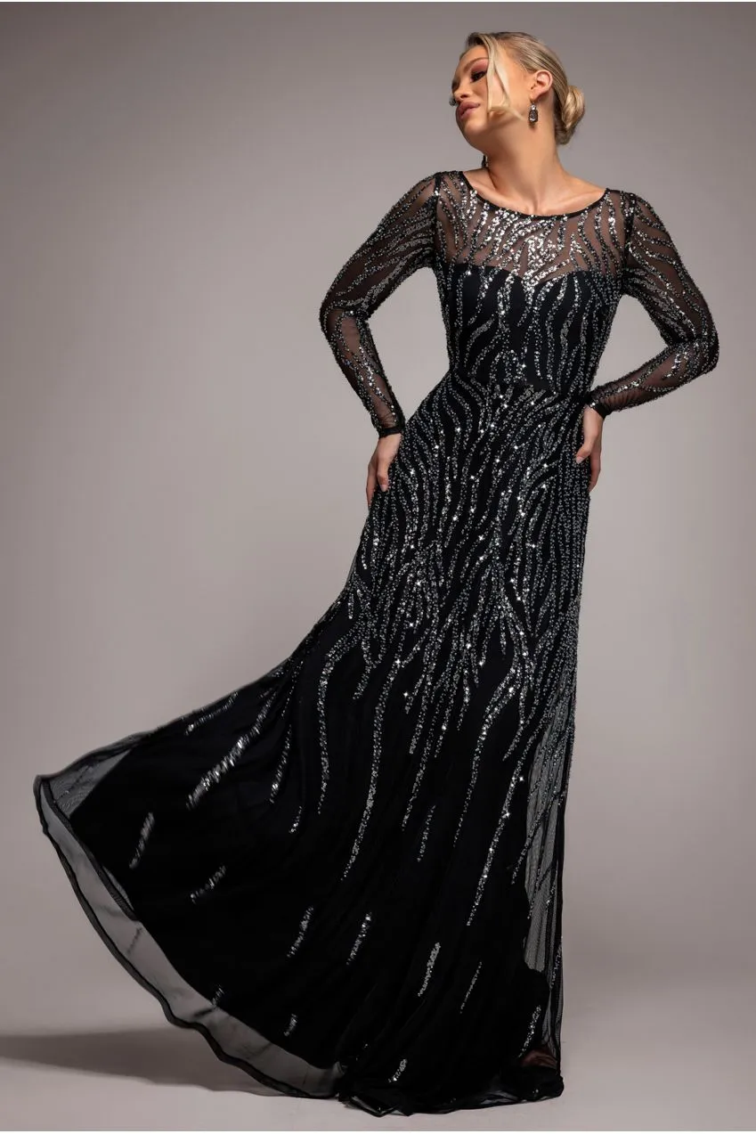 Goddiva Ombre Sequin Beaded Abito Lungo Nero Paillettes
