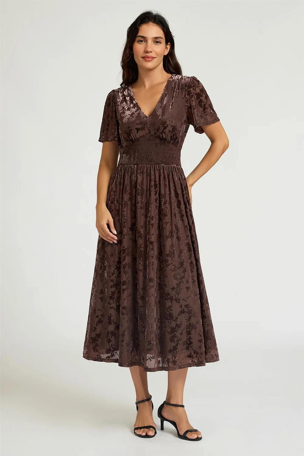 FS Collection Velvet Burnout midi abito marrone scollo V