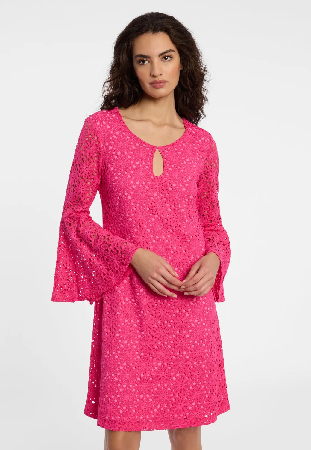 Ana Alcazar Dalis abito pizzo fucsia maniche tromba