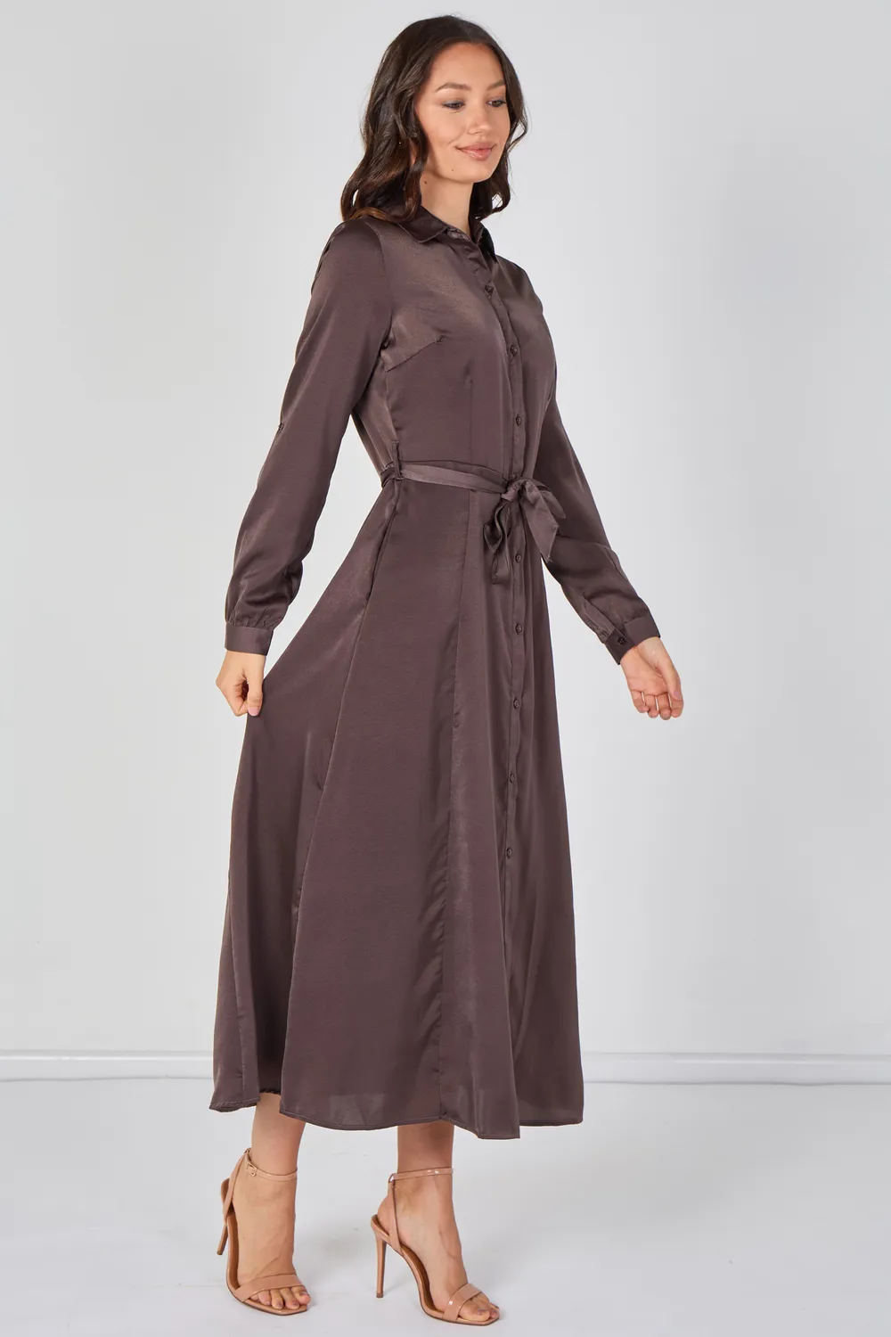 Love Sunshine abito camicia maxi mocha satin cintura