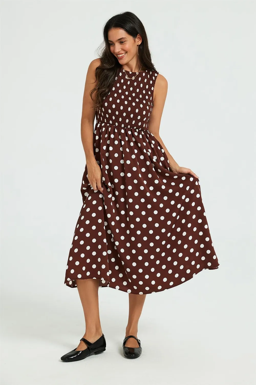 FS Collection Abito Midi Marrone Pois Senza Maniche